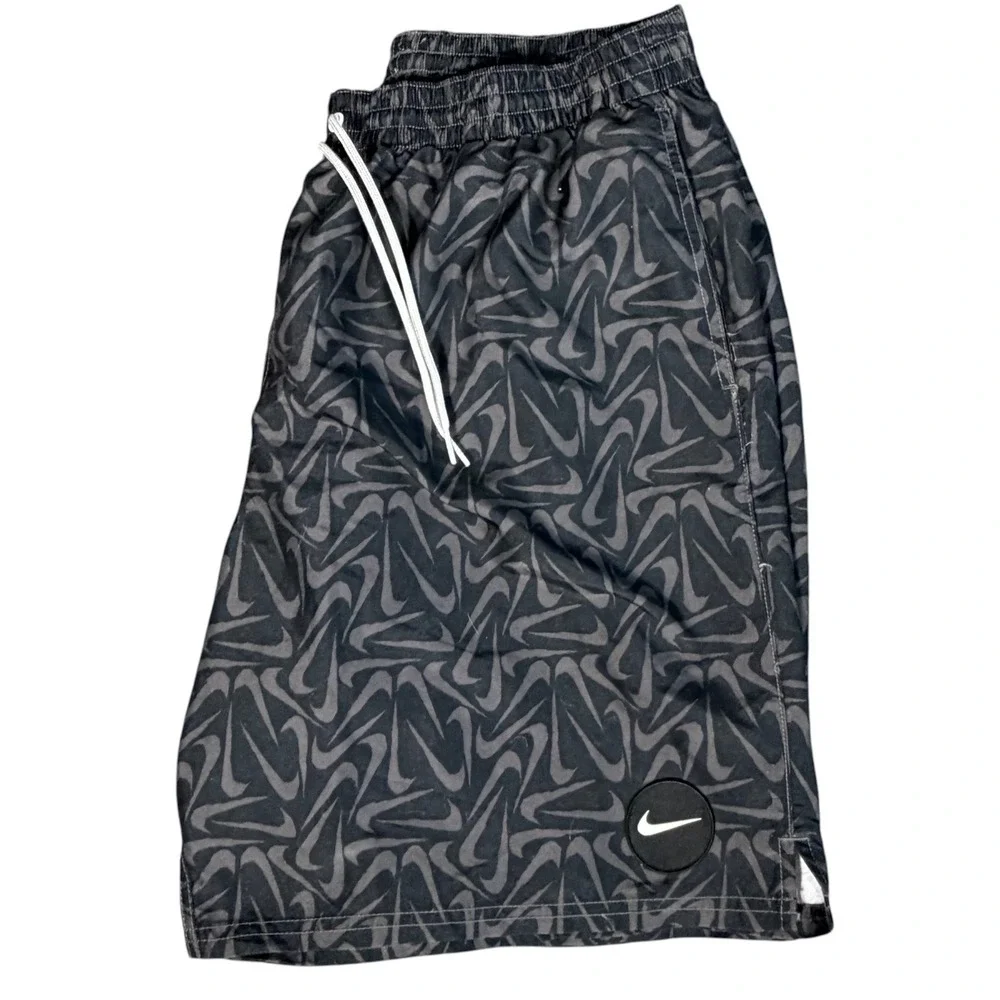 Rare Nike Swim Trunks Men XL Black Swoosh All Over Print Mesh Lined Board Shorts